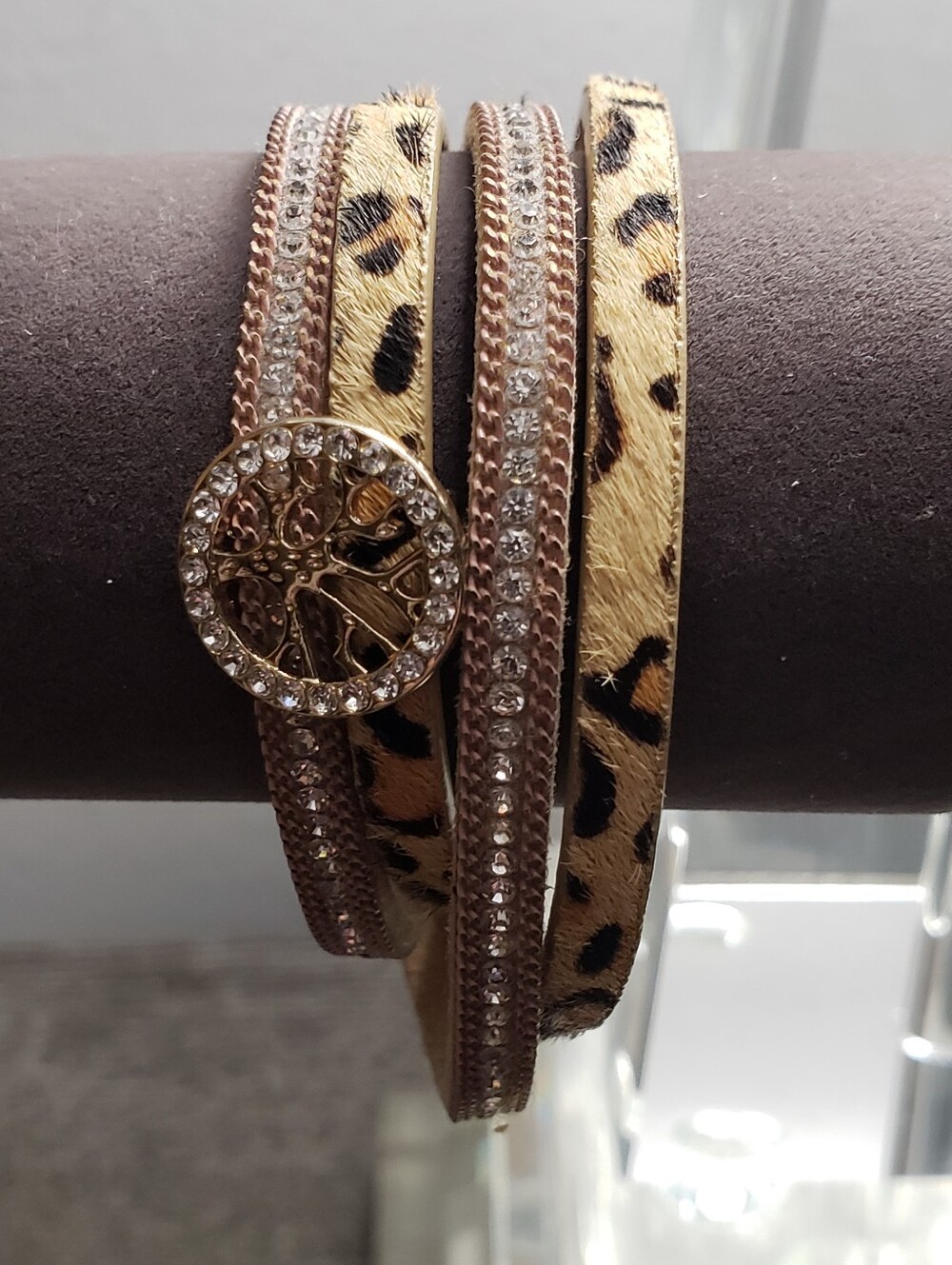 SAACHI Tree of Life Leopard Design Rhinestone Wrap Bracelet 